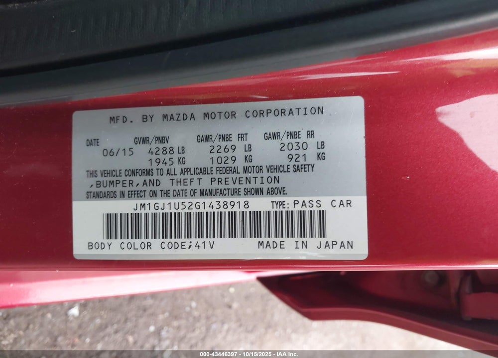 2016 MAZDA 6 I SPORT VIN: JM1GJ1U52G1438918