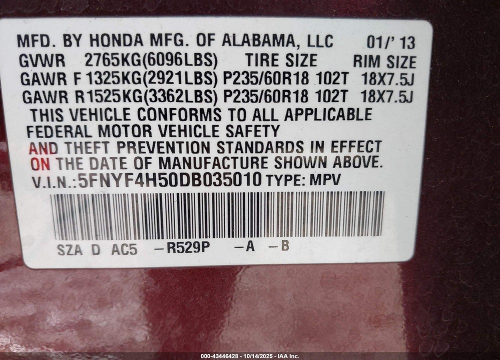 2013 HONDA PILOT EX-L VIN: 5FNYF4H50DB035010