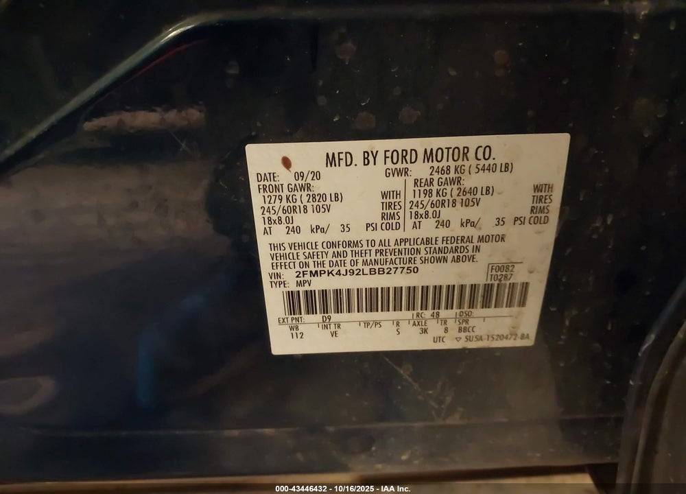 2020 FORD EDGE VIN: 2FMPK4J92LBB27750