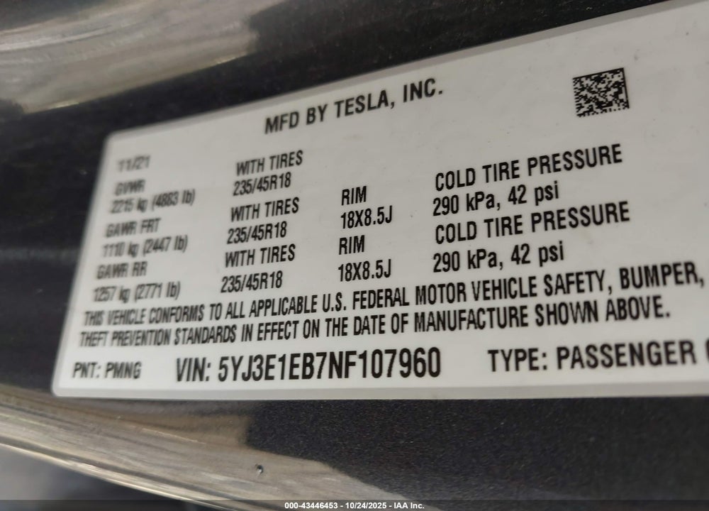 2022 TESLA MODEL 3 VIN: 5YJ3E1EB7NF107960