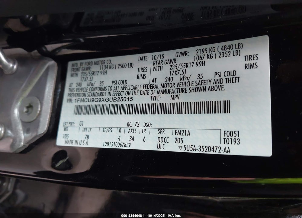 2016 FORD ESCAPE SE VIN: 1FMCU9G9XGUB25015