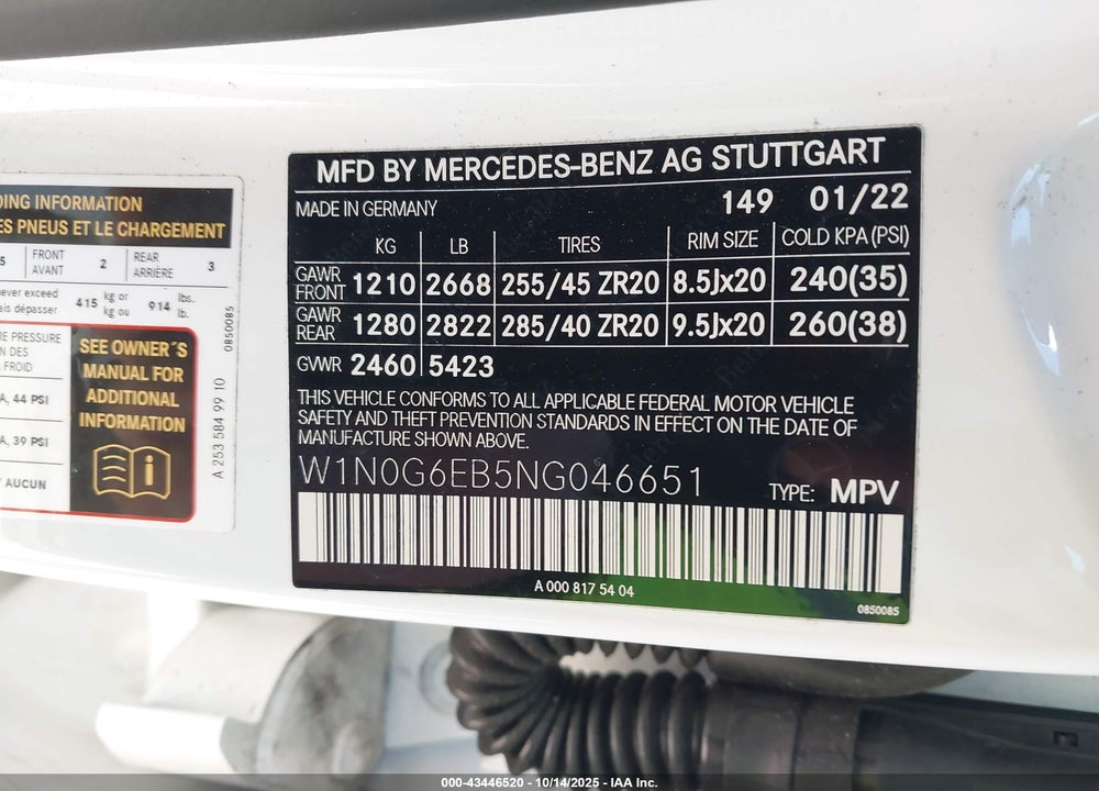 2022 MERCEDES-BENZ AMG GLC 43 4MATIC VIN: W1N0G6EB5NG046651