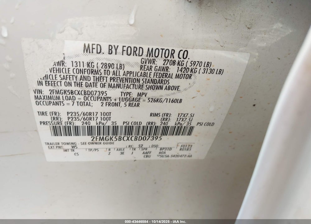 2012 FORD FLEX SE VIN: 2FMGK5BCXCBD07395