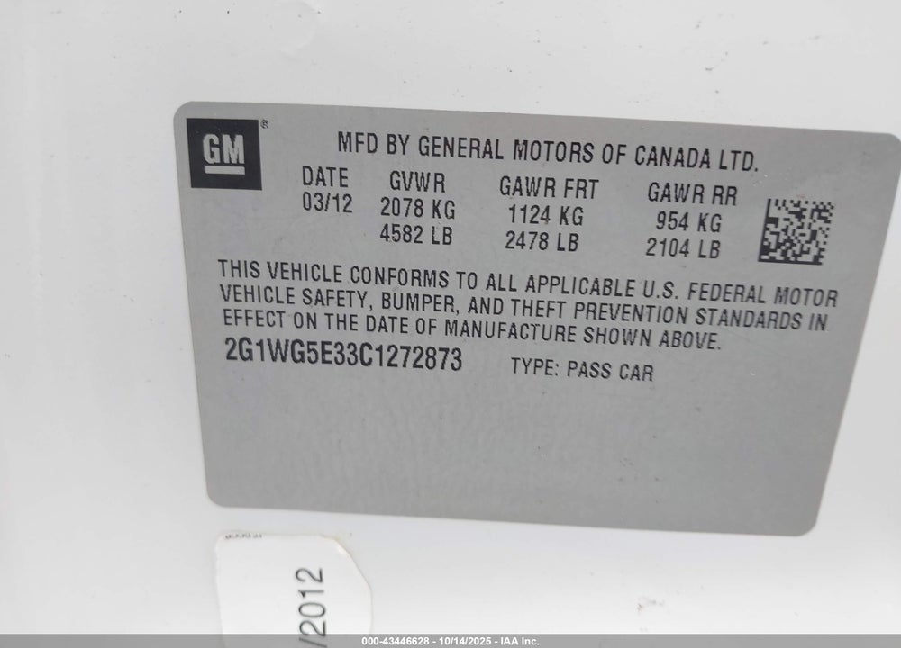 2012 CHEVROLET IMPALA LT VIN: 2G1WG5E33C1272873