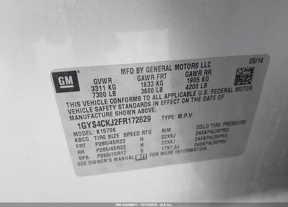 2015 CADILLAC ESCALADE VIN: 1GYS4CKJ2FR172629