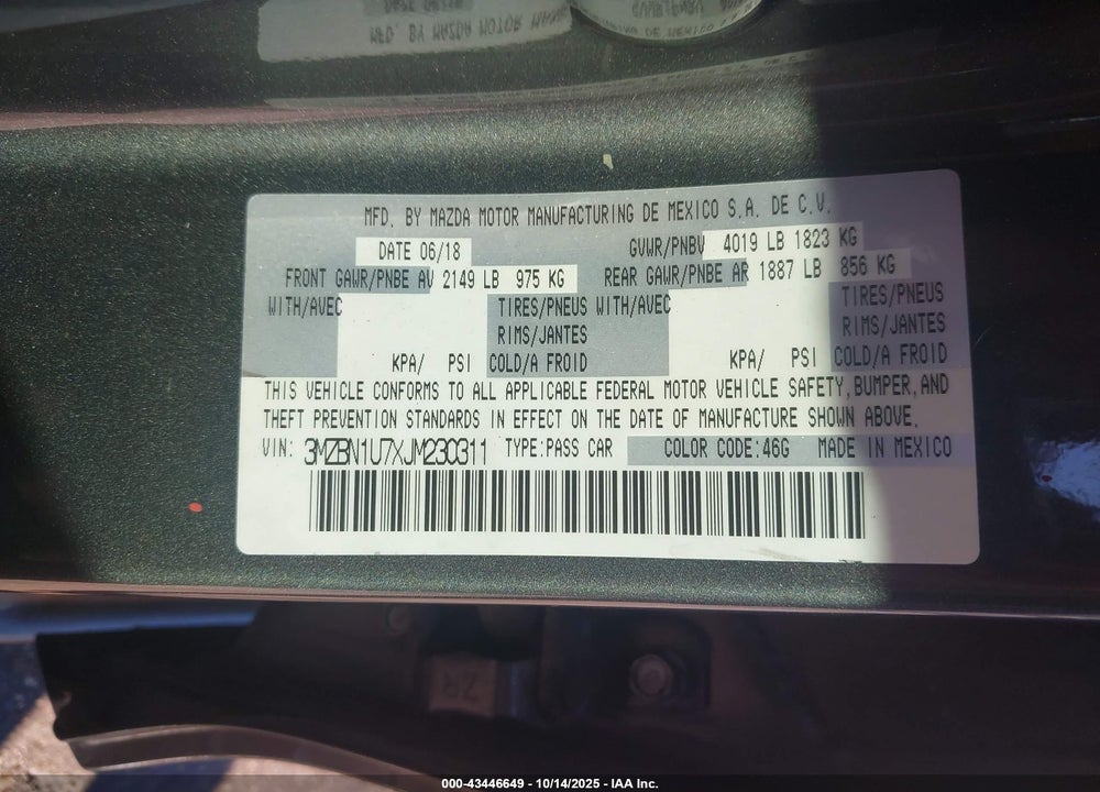 2018 MAZDA 3 SPORT VIN: 3MZBN1U7XJM230311