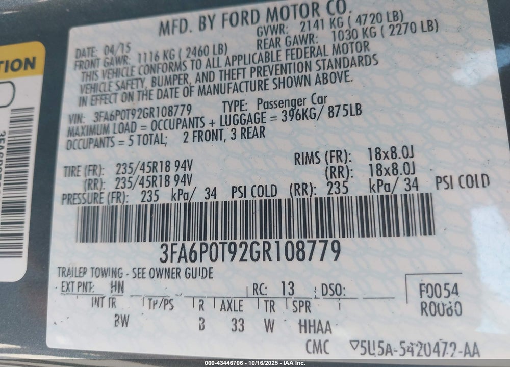 2016 FORD FUSION SE VIN: 3FA6P0T92GR108779