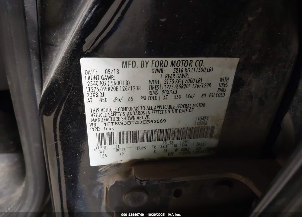 2013 FORD F-350 LARIAT VIN: 1FT8W3BT4DEB62569