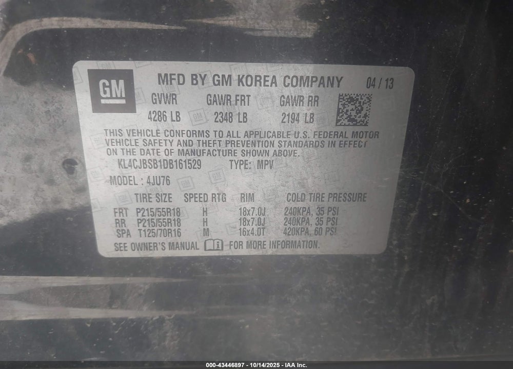 2013 BUICK ENCORE VIN: KL4CJBSB1DB161529
