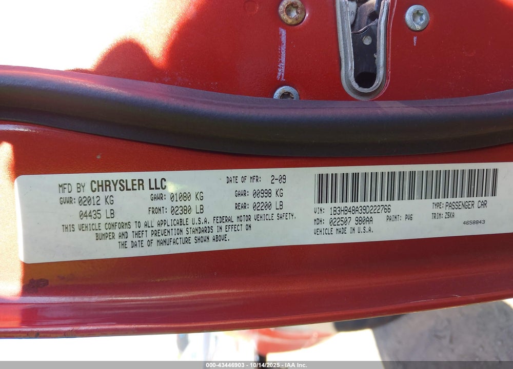 2009 DODGE CALIBER VIN: 1B3HB48A39D222766
