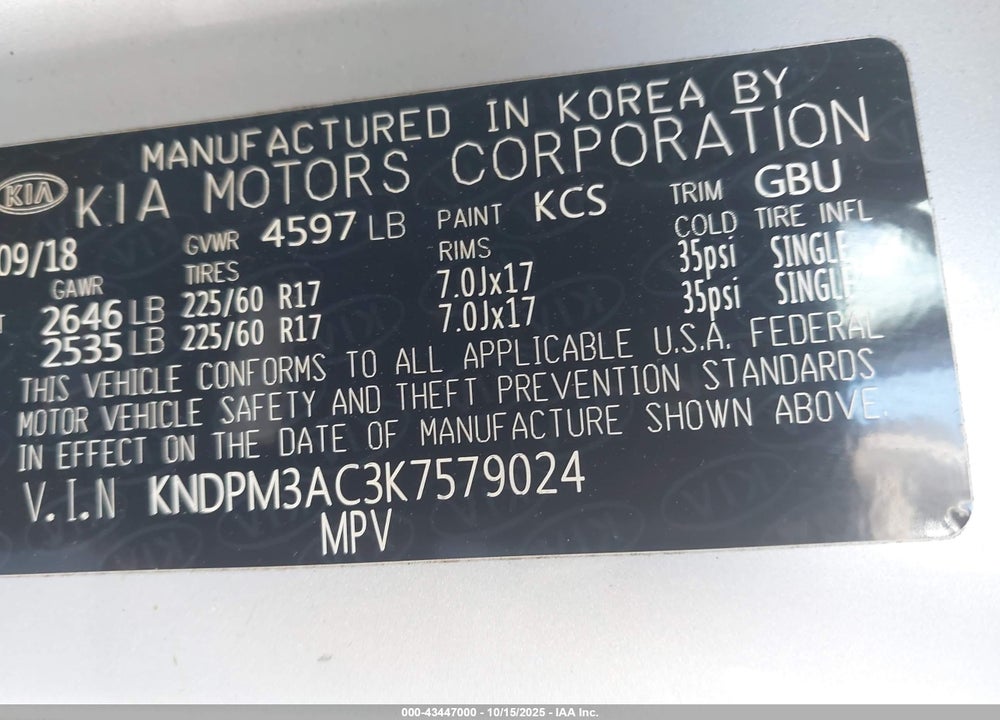 2019 KIA SPORTAGE LX VIN: KNDPM3AC3K7579024