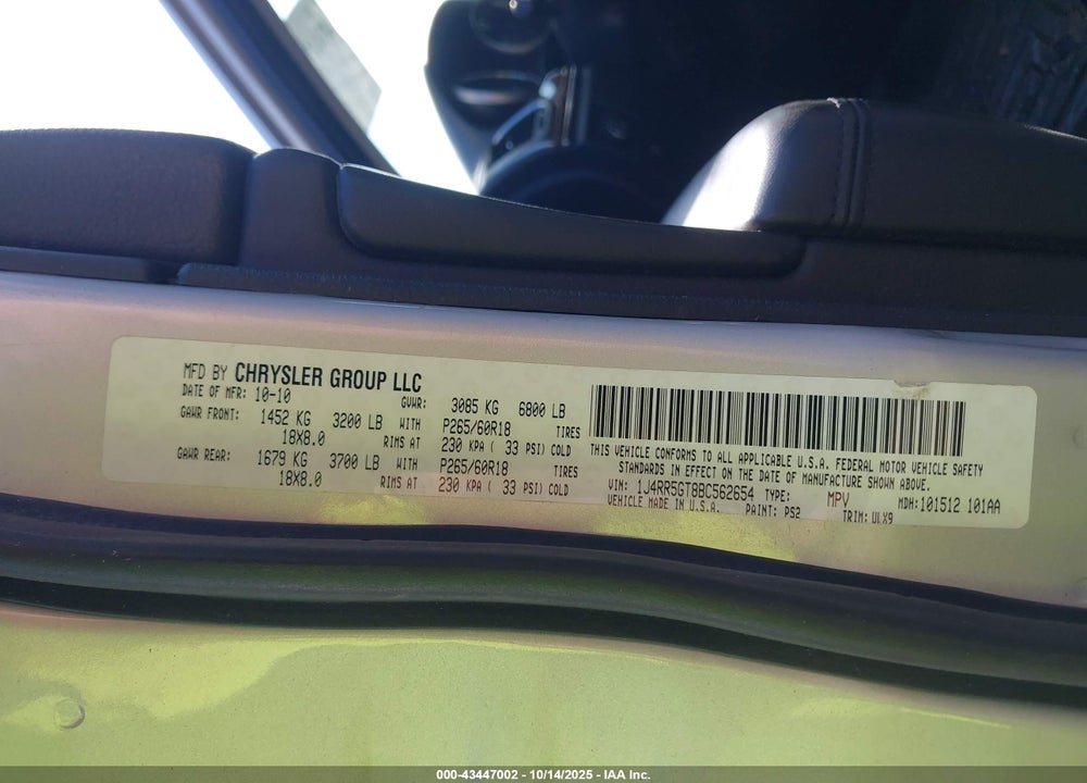 2011 JEEP GRAND CHEROKEE LIMITED VIN: 1J4RR5GT8BC562654