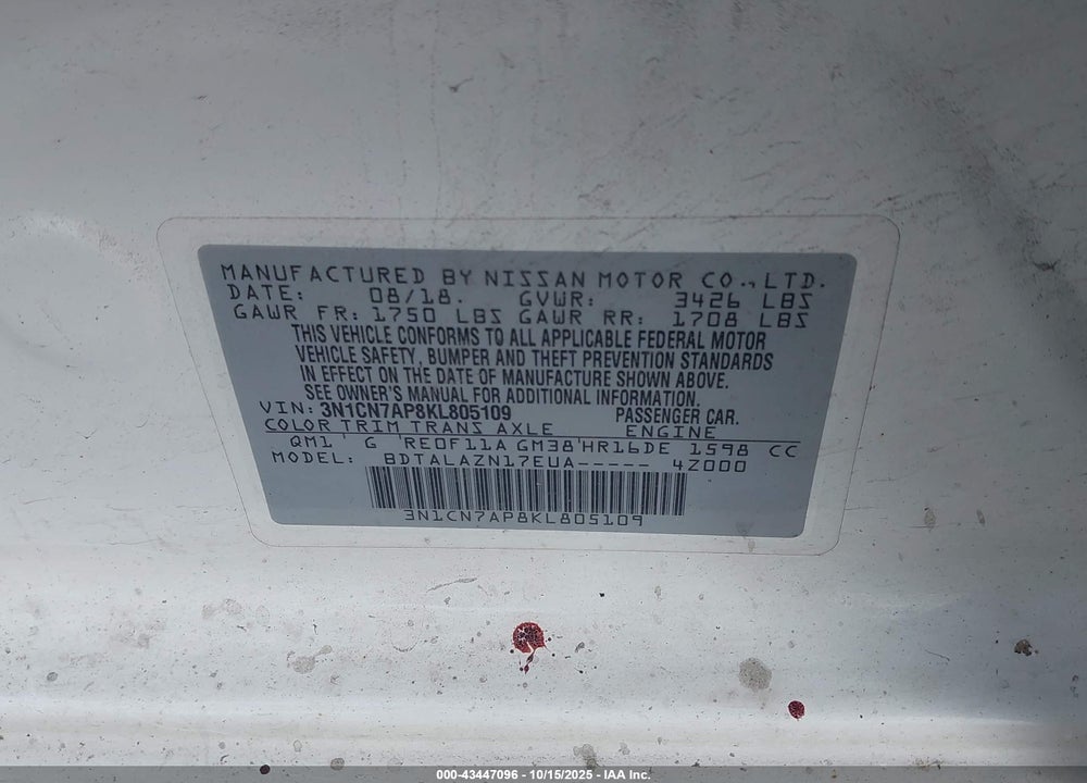 2019 NISSAN VERSA 1.6 S+ VIN: 3N1CN7AP8KL805109