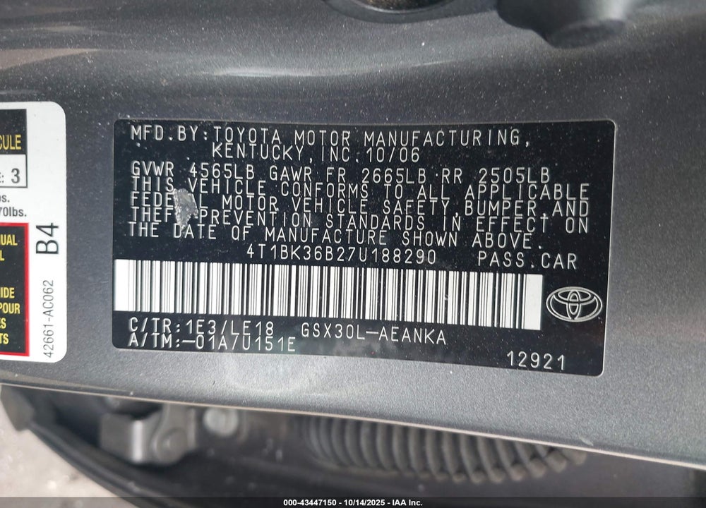 2007 TOYOTA AVALON VIN: 4T1BK36B27U188290