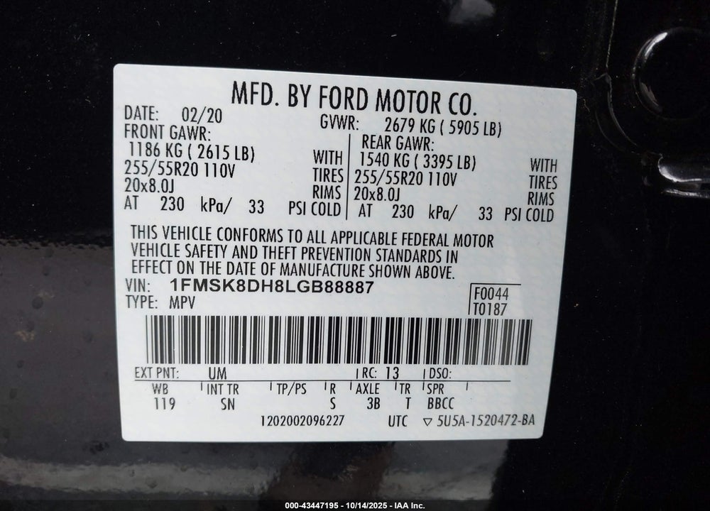 2020 FORD EXPLORER XLT VIN: 1FMSK8DH8LGB88887