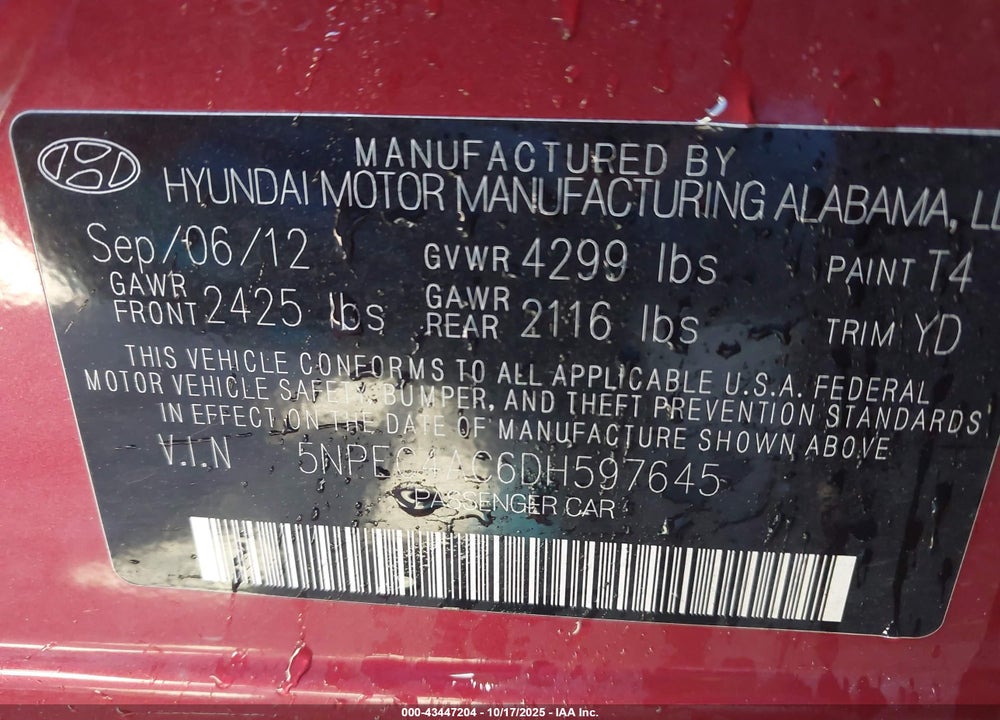 2013 HYUNDAI SONATA LIMITED VIN: 5NPEC4AC6DH597645