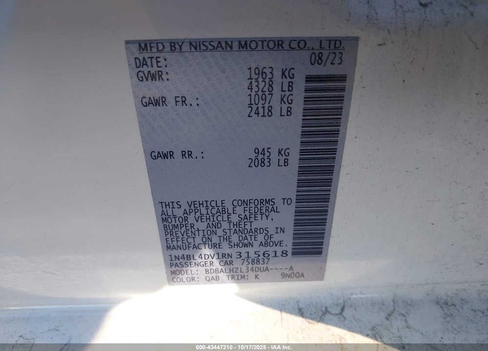 2024 NISSAN ALTIMA VIN: 1N4BL4DV1RN315618