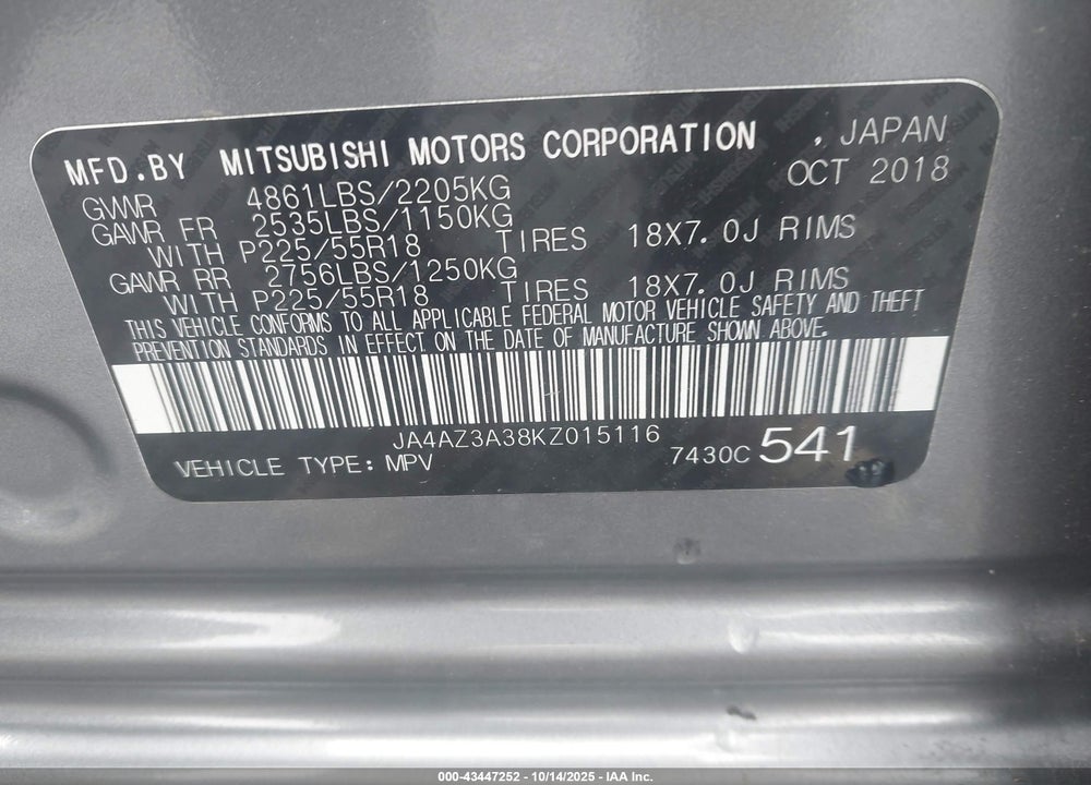 2019 MITSUBISHI OUTLANDER ES VIN: JA4AZ3A38KZ015116