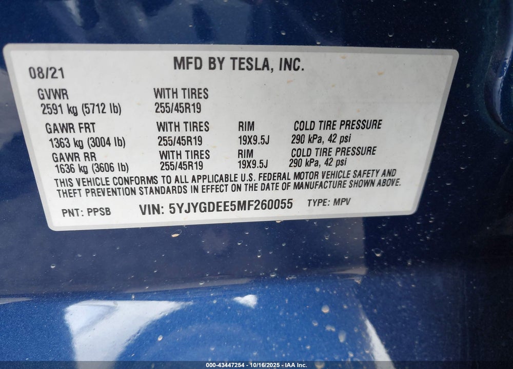 2021 TESLA MODEL Y LONG RANGE DUAL MOTOR ALL-WHEEL DRIVE VIN: 5YJYGDEE5MF260055