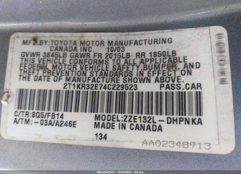2004 TOYOTA MATRIX/XR VIN: 2T1KR32E74C229523
