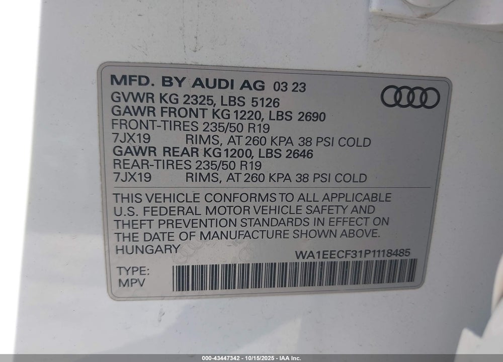 2023 AUDI Q3 PREMIUM PLUS 45 TFSI S LINE QUATTRO TIPTRONIC VIN: WA1EECF31P1118485