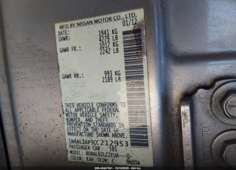 2012 NISSAN ALTIMA VIN: 1N4AL2AP3CC212953