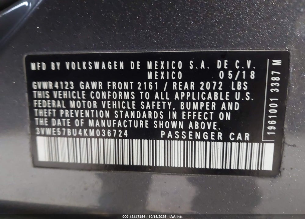 2019 VOLKSWAGEN JETTA VIN: 3VWE57BU4KM036724