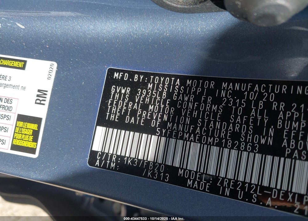 2021 TOYOTA COROLLA LE VIN: 5YFEPMAE0MP182863