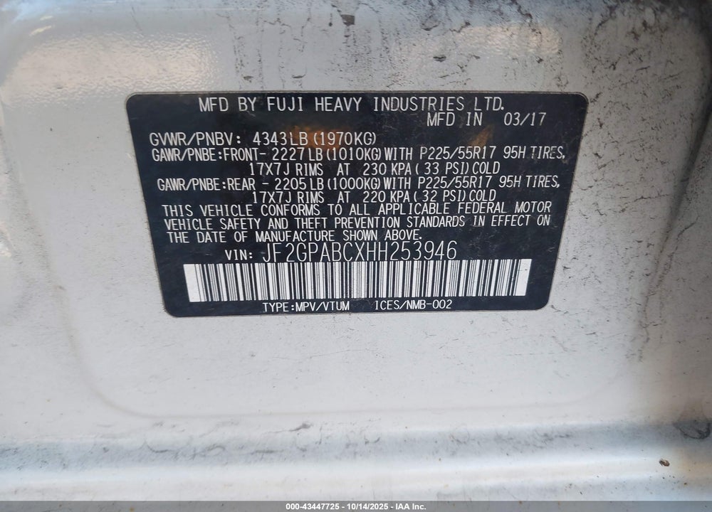2017 SUBARU CROSSTREK 2.0I PREMIUM VIN: JF2GPABCXHH253946