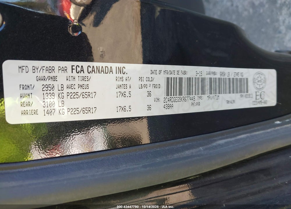 2019 DODGE GRAND CARAVAN GT VIN: 2C4RDGEG5KR677449