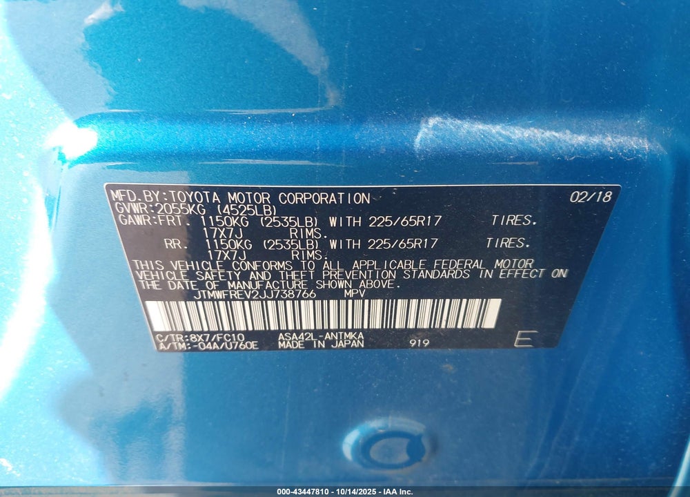 2018 TOYOTA RAV4 XLE VIN: JTMWFREV2JJ738766