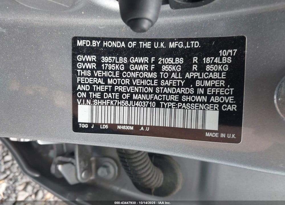 2018 HONDA CIVIC EX VIN: SHHFK7H58JU403710