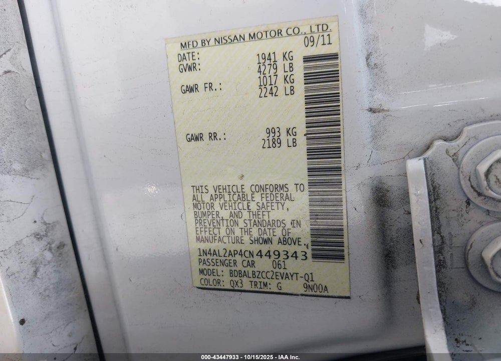 2012 NISSAN ALTIMA 2.5 S VIN: 1N4AL2AP4CN449343