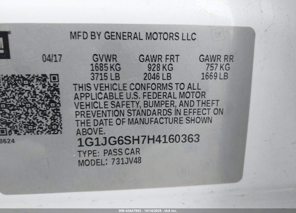 2017 CHEVROLET SONIC LT AUTO VIN: 1G1JG6SH7H4160363