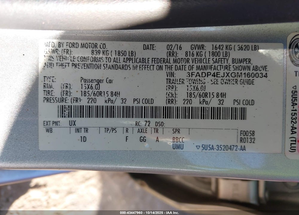 2016 FORD FIESTA VIN: 3FADP4EJXGM160034