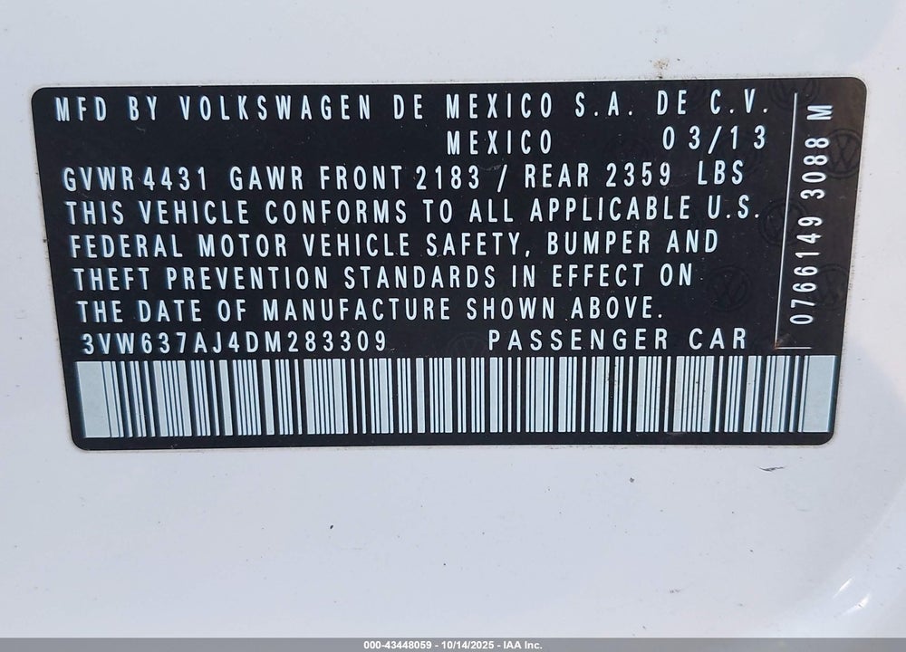 2013 VOLKSWAGEN JETTA VIN: 3VW637AJ4DM283309