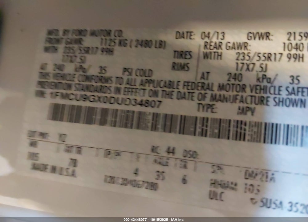 2013 FORD ESCAPE SE VIN: 1FMCU9GX0DUD34807