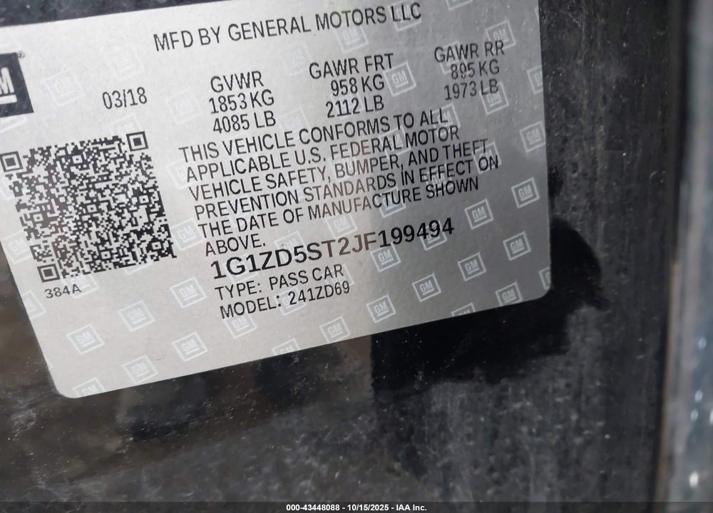2018 CHEVROLET MALIBU LT VIN: 1G1ZD5ST2JF199494