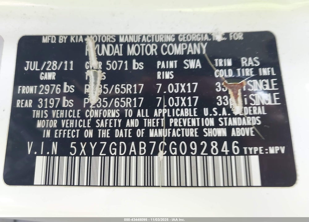 2012 HYUNDAI SANTA FE VIN: 5XYZGDAB7CG092846