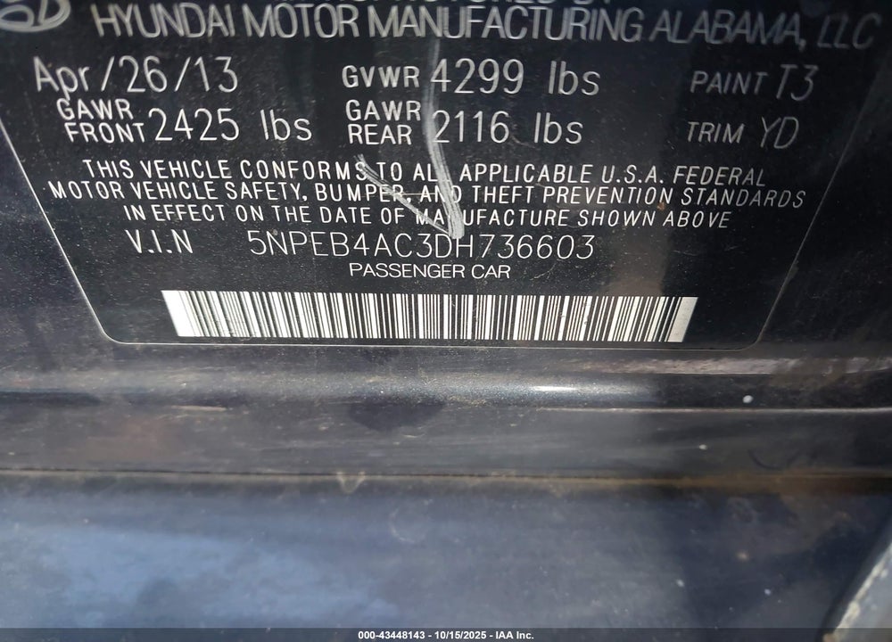 2013 HYUNDAI SONATA VIN: 5NPEB4AC3DH736603