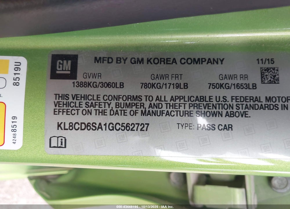 2016 CHEVROLET SPARK 1LT CVT VIN: KL8CD6SA1GC562727