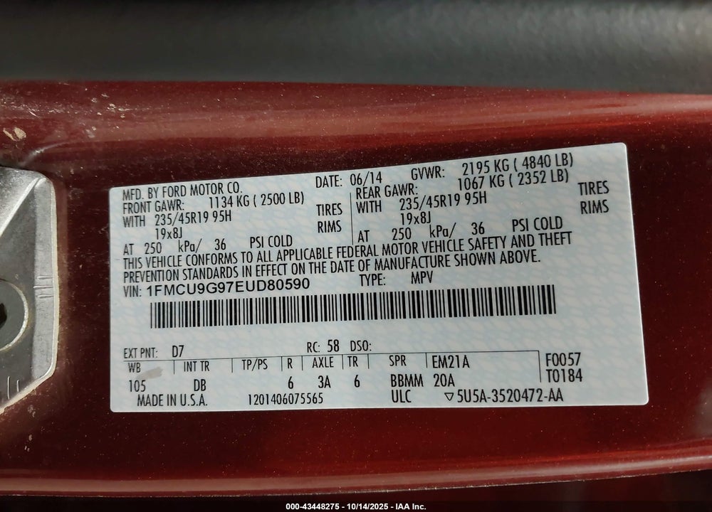2014 FORD ESCAPE SE VIN: 1FMCU9G97EUD80590