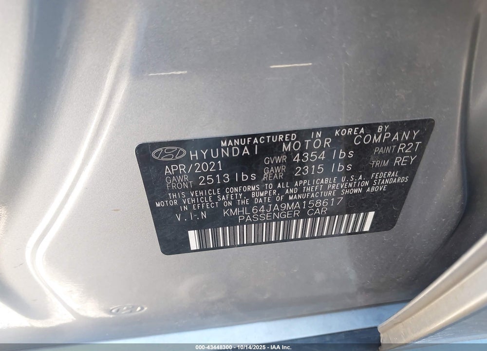 2021 HYUNDAI SONATA VIN: KMHL64JA9MA158617
