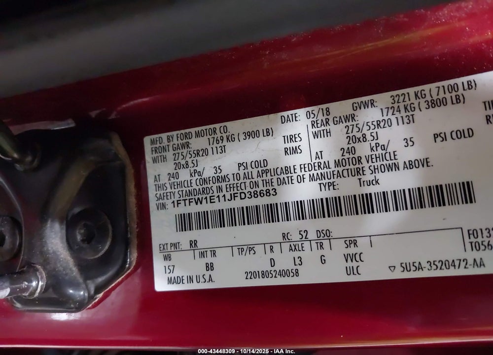 2018 FORD F-150 PLATINUM VIN: 1FTFW1E11JFD38683