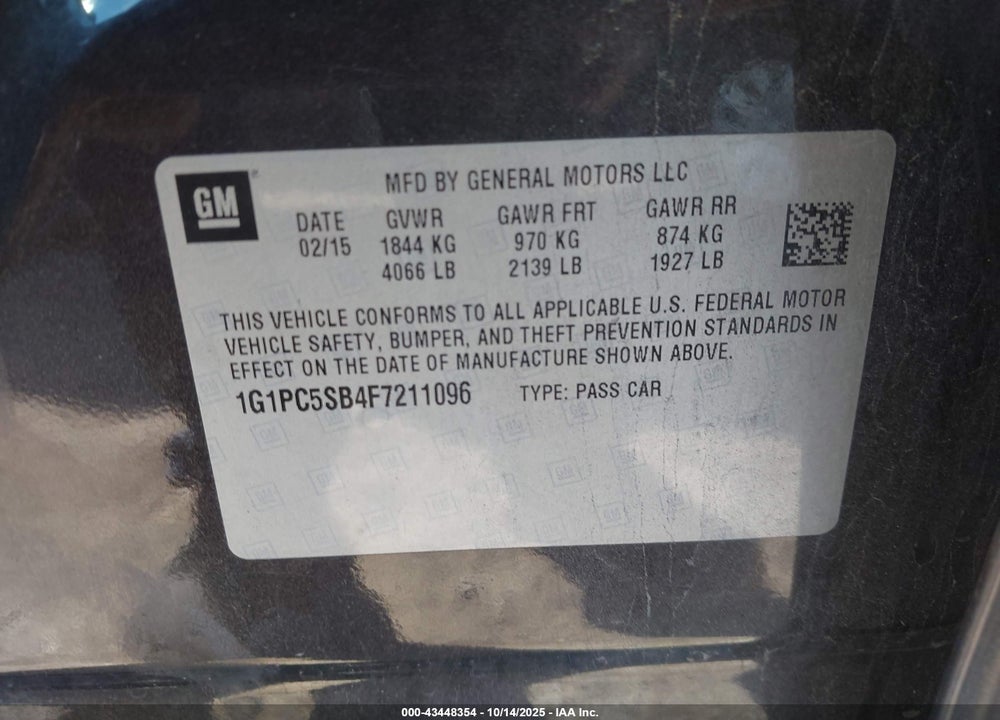 2015 CHEVROLET CRUZE VIN: 1G1PC5SB4F7211096