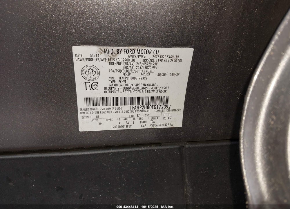 2014 FORD TAURUS VIN: 1FAHP2H80EG172392