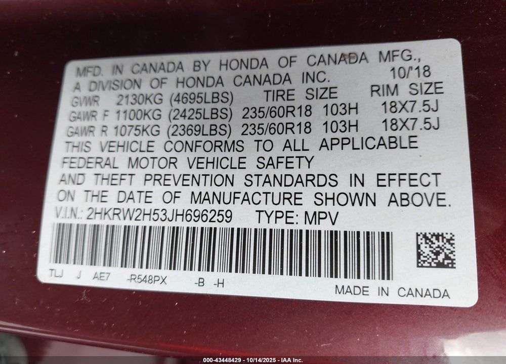2018 HONDA CR-V EX VIN: 2HKRW2H53JH696259