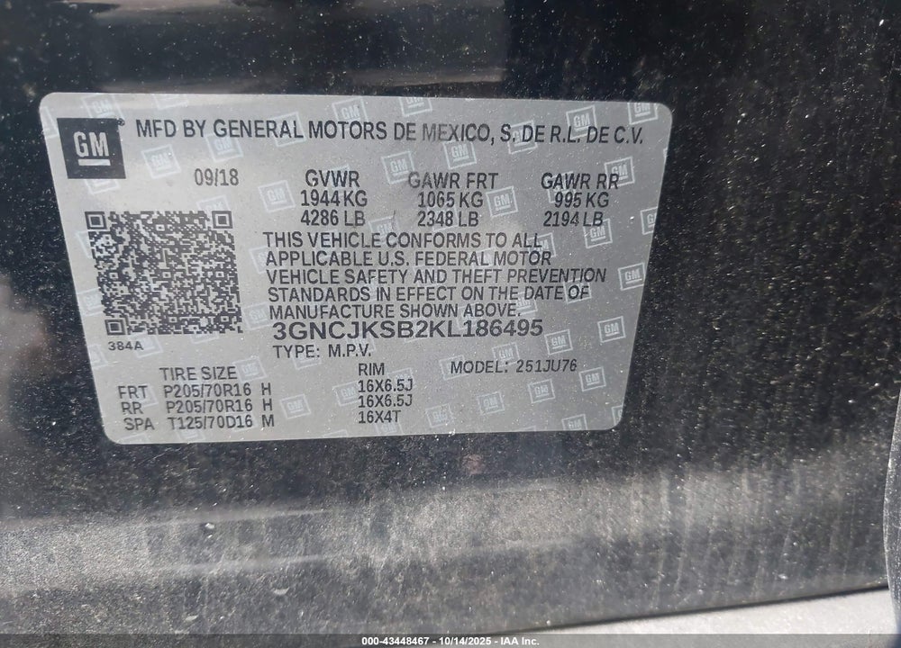 2019 CHEVROLET TRAX LS VIN: 3GNCJKSB2KL186495