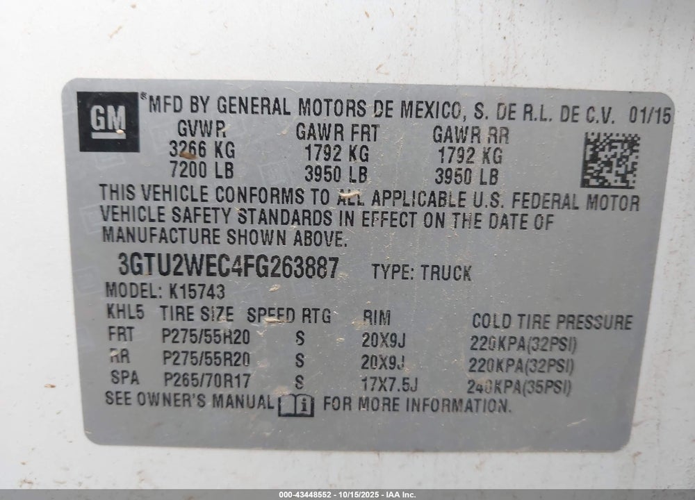 2015 GMC SIERRA 1500 VIN: 3GTU2WEC4FG263887