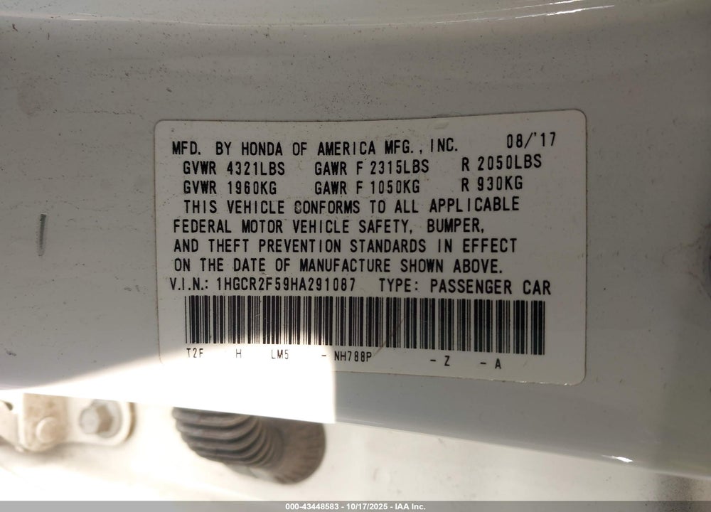 2017 HONDA ACCORD SPORT VIN: 1HGCR2F59HA291087